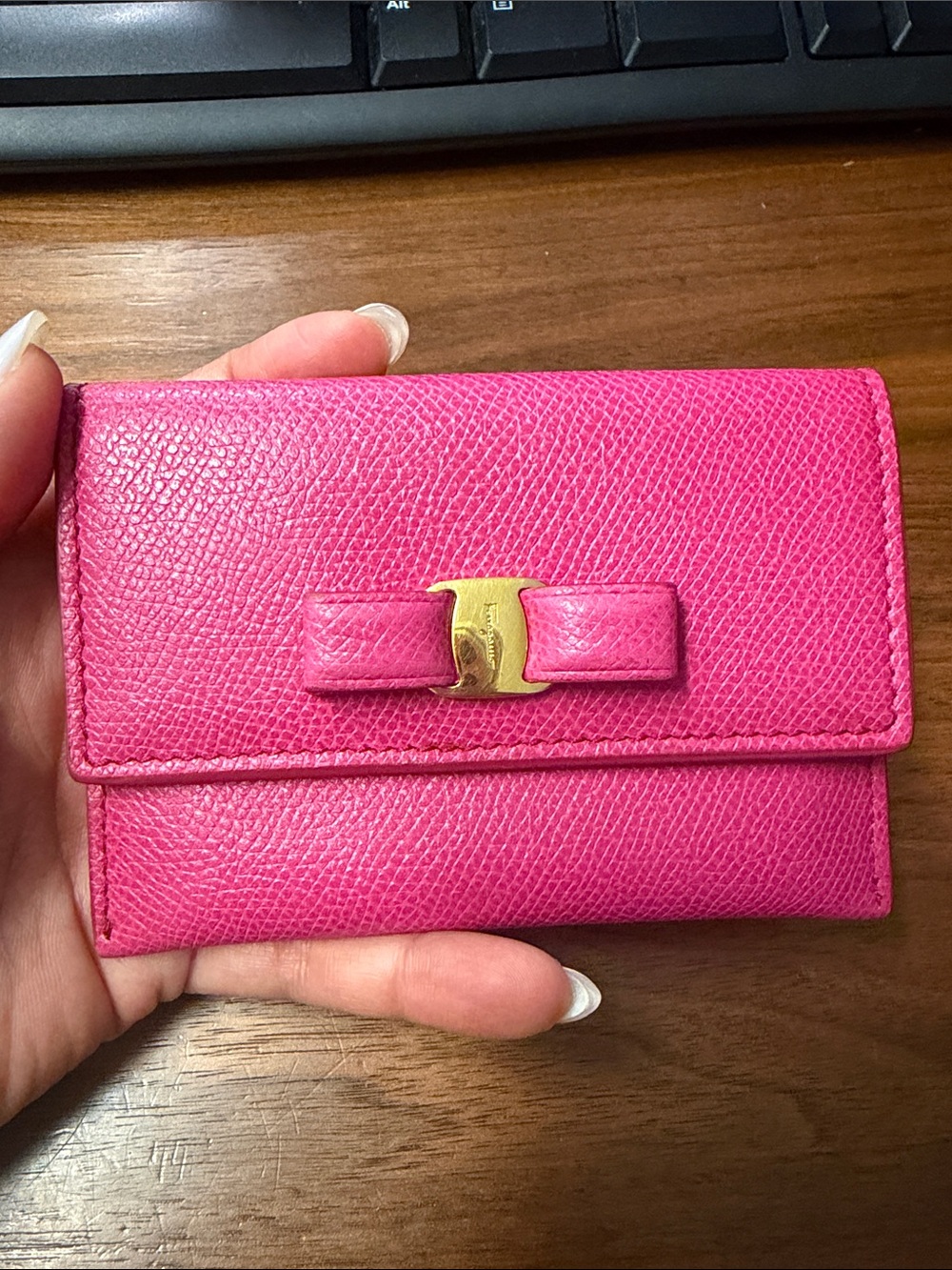 Salvatore Ferragamo Hot Pink Leather Vara Bow Card Holder